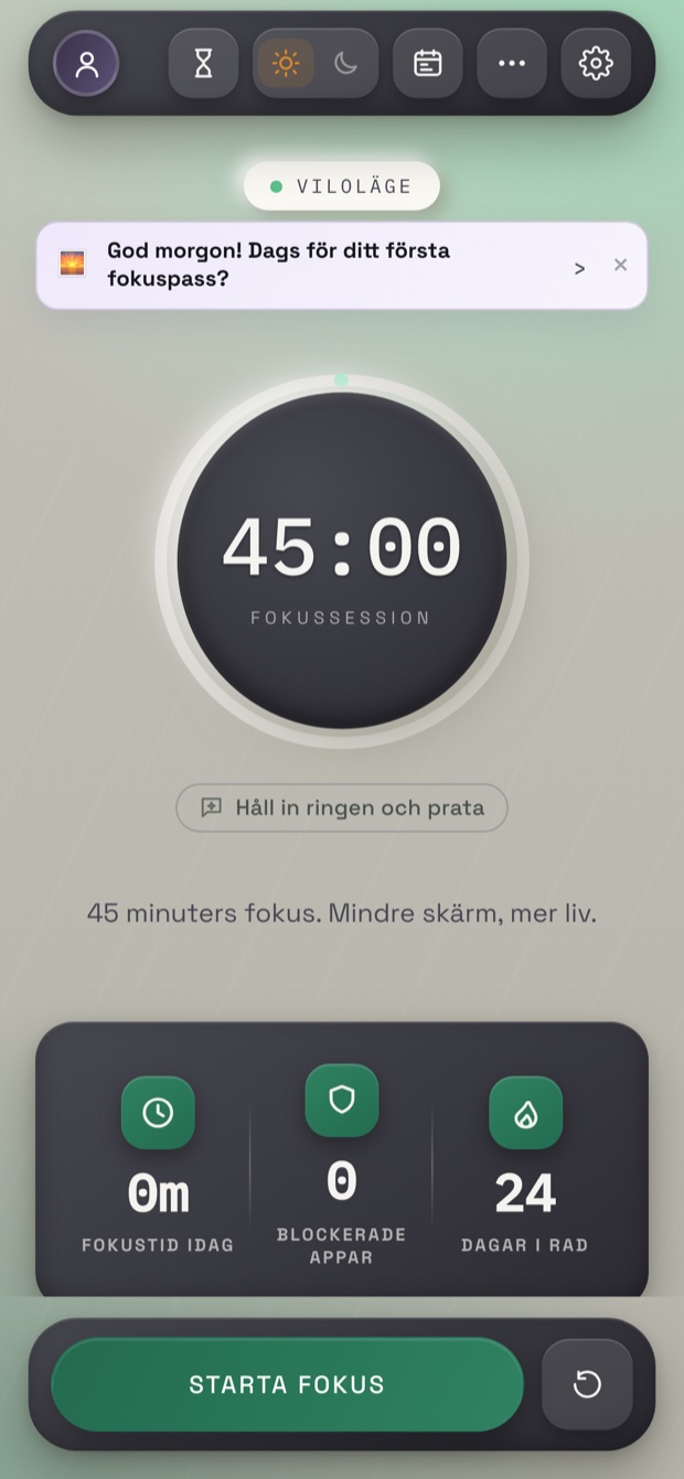 kalMO startskärm med fokusringen