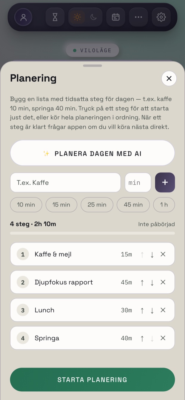 Planeringsvyn med tidsatta steg för dagen